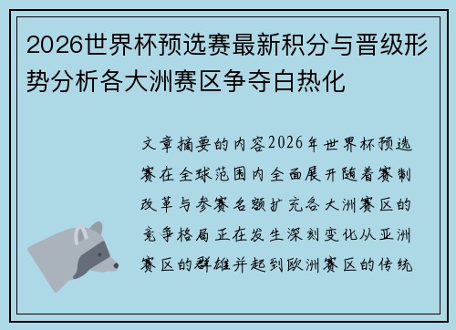 2026世界杯预选赛最新积分与晋级形势分析各大洲赛区争夺白热化