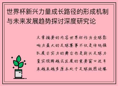 世界杯新兴力量成长路径的形成机制与未来发展趋势探讨深度研究论 世界杯新兴力量成长路径的形成机制与未来发展趋势探讨深度研究论